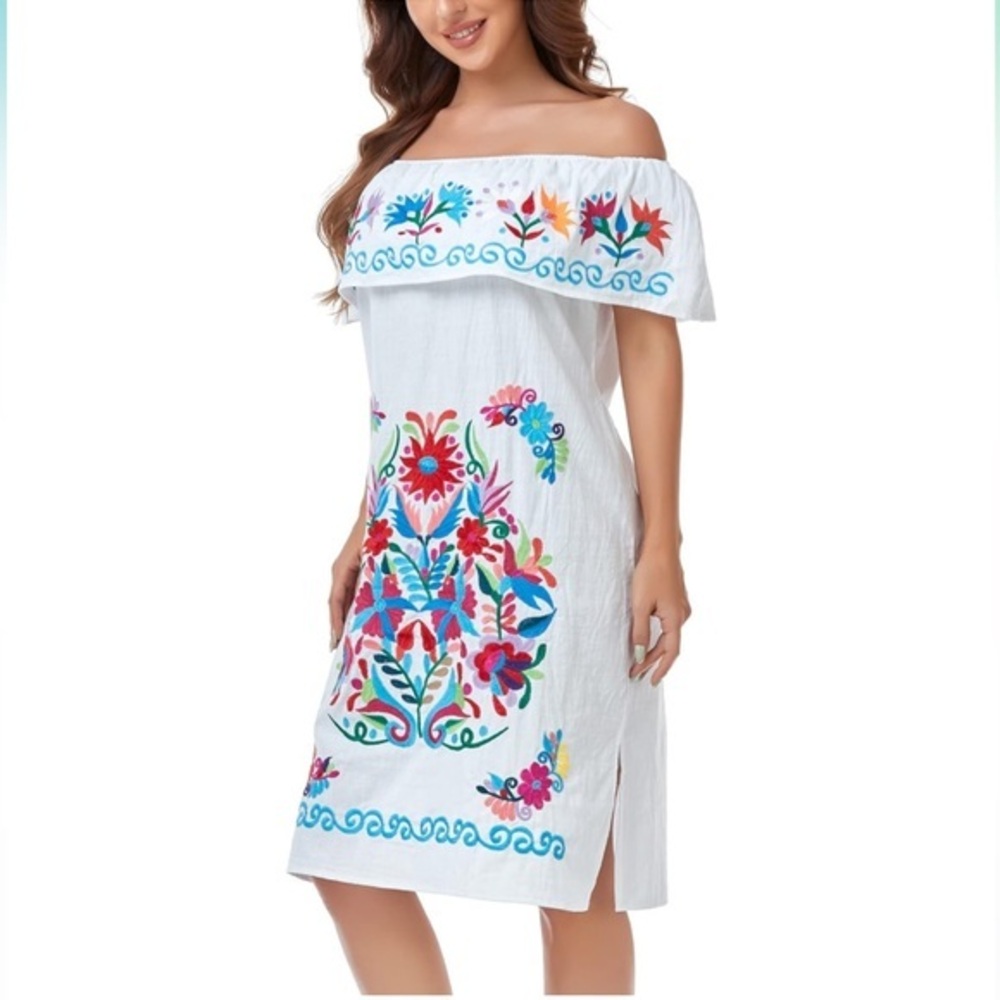 Bohemian White Cotton Embroidered Dress XL NWT